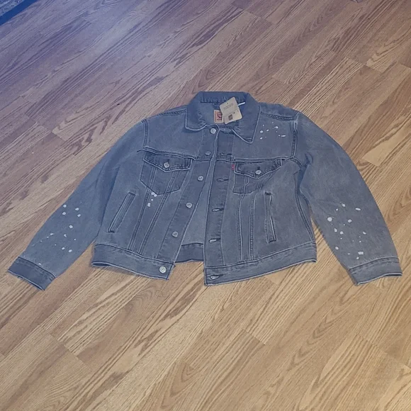 New Levi's lightly distressed paint splatter Gray denim Jean jacket size L - Picture 1 of 4